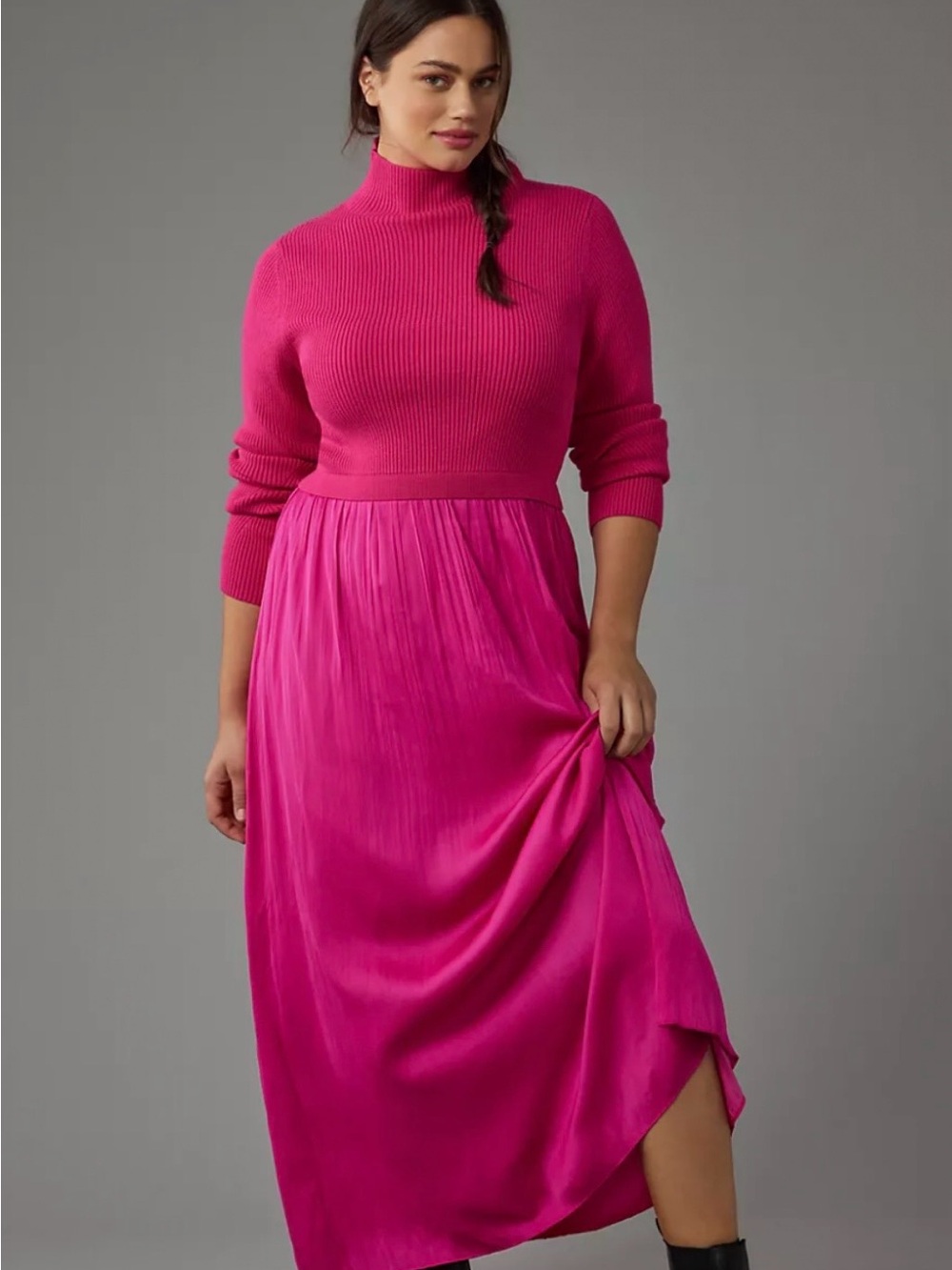 By Anthropologie Fuchsia Mock Neck Sweater Midi Dress